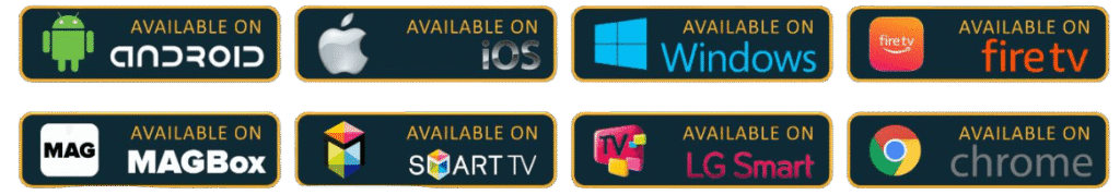 Beast IPTV 4K multi-platform compatibility badges showing availability on Android, iOS, Windows, Fire TV, MAG Box, Smart TV, LG Smart, and Chrome for comprehensive IPTV streaming service access
