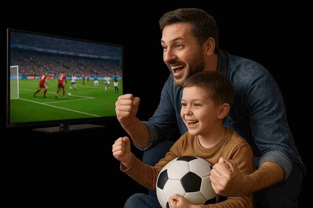 Father and son celebrating while watching live football match on TV, enjoying premium sports streaming through Beast IPTV 4K subscription services