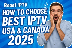 Man showing surprise while learning how to choose best IPTV subscription plans for USA and Canada in 2025, featuring Beast IPTV provider comparison