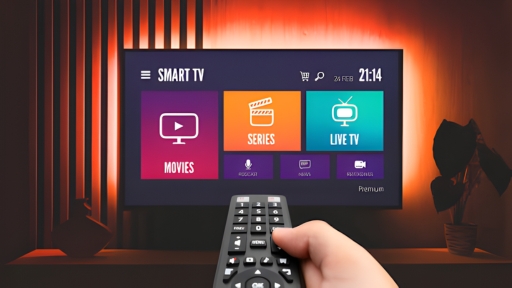 TV showing an IPTV app-style home menu (Movies, Series, Live TV)