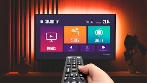 TV showing an IPTV app-style home menu (Movies, Series, Live TV)